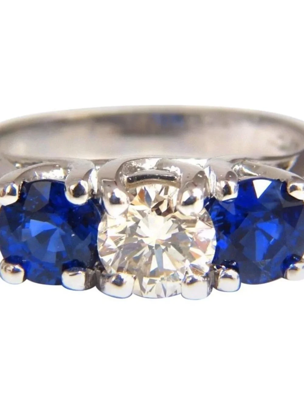 2.48ct natural sapphires diamond three stone ring 14kt royal blue*